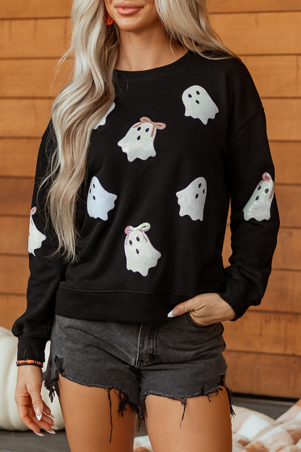 Black Sequin Ghost Bow Halloween Crew Neck Pullover Sweatshirt