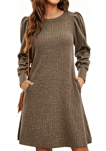 Women's Puff Sleeve Sweater Dress A-Line with Pockets