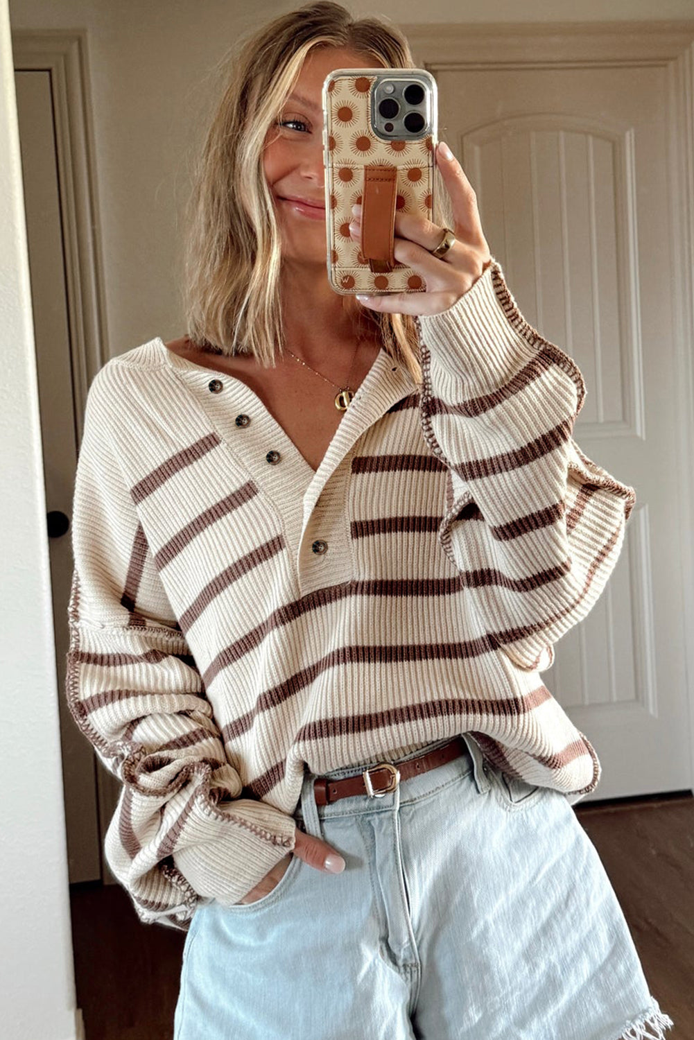 Striped Ribbed Henley Sweater Drop Shoulder Pullover