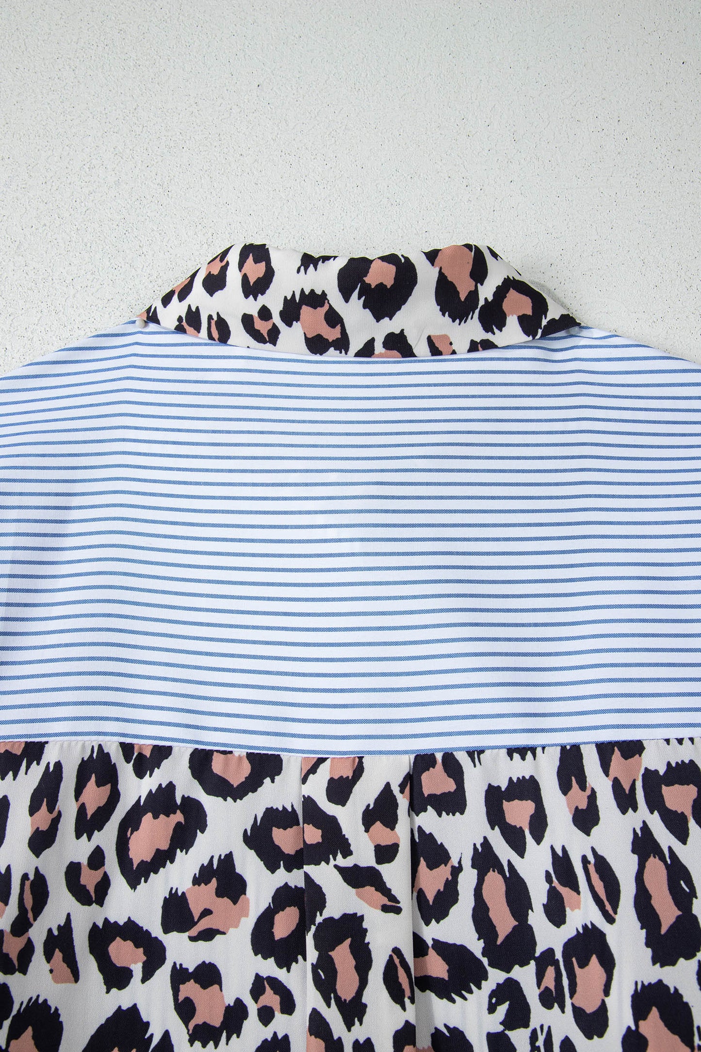 Sky Blue Striped Colorblock Leopard Patchwork Pocket Shirt