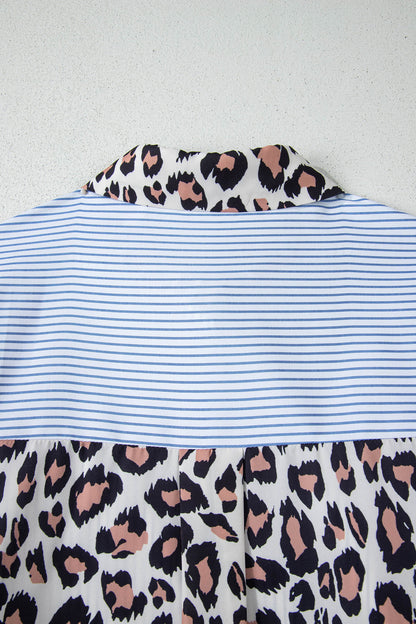 Sky Blue Striped Colorblock Leopard Patchwork Pocket Shirt