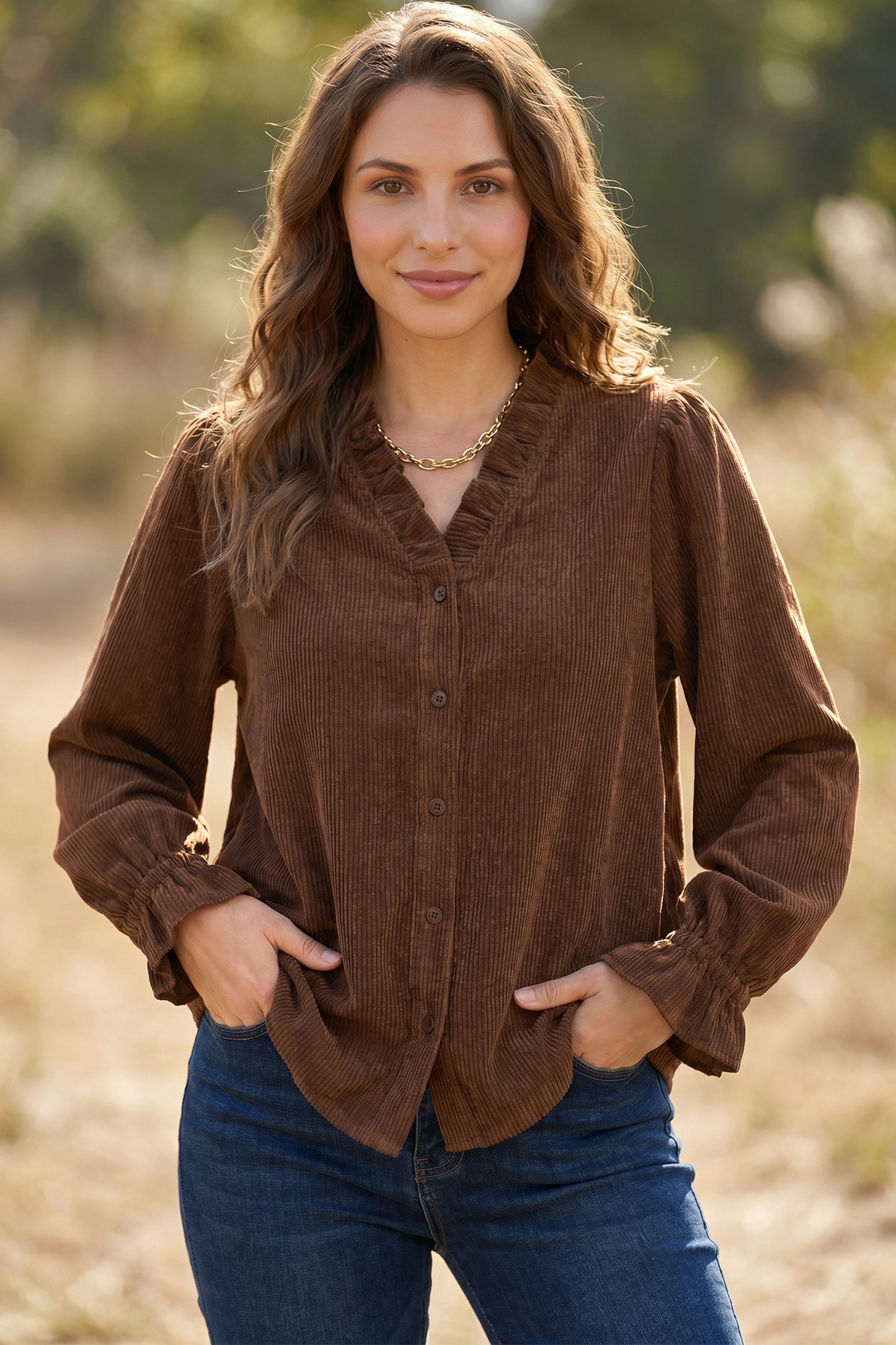 Coffee Corduroy Ruffle V Neck Button Shacket