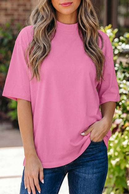 Dark Blue Oversized Mock Neck Tee Casual Relaxed Top
