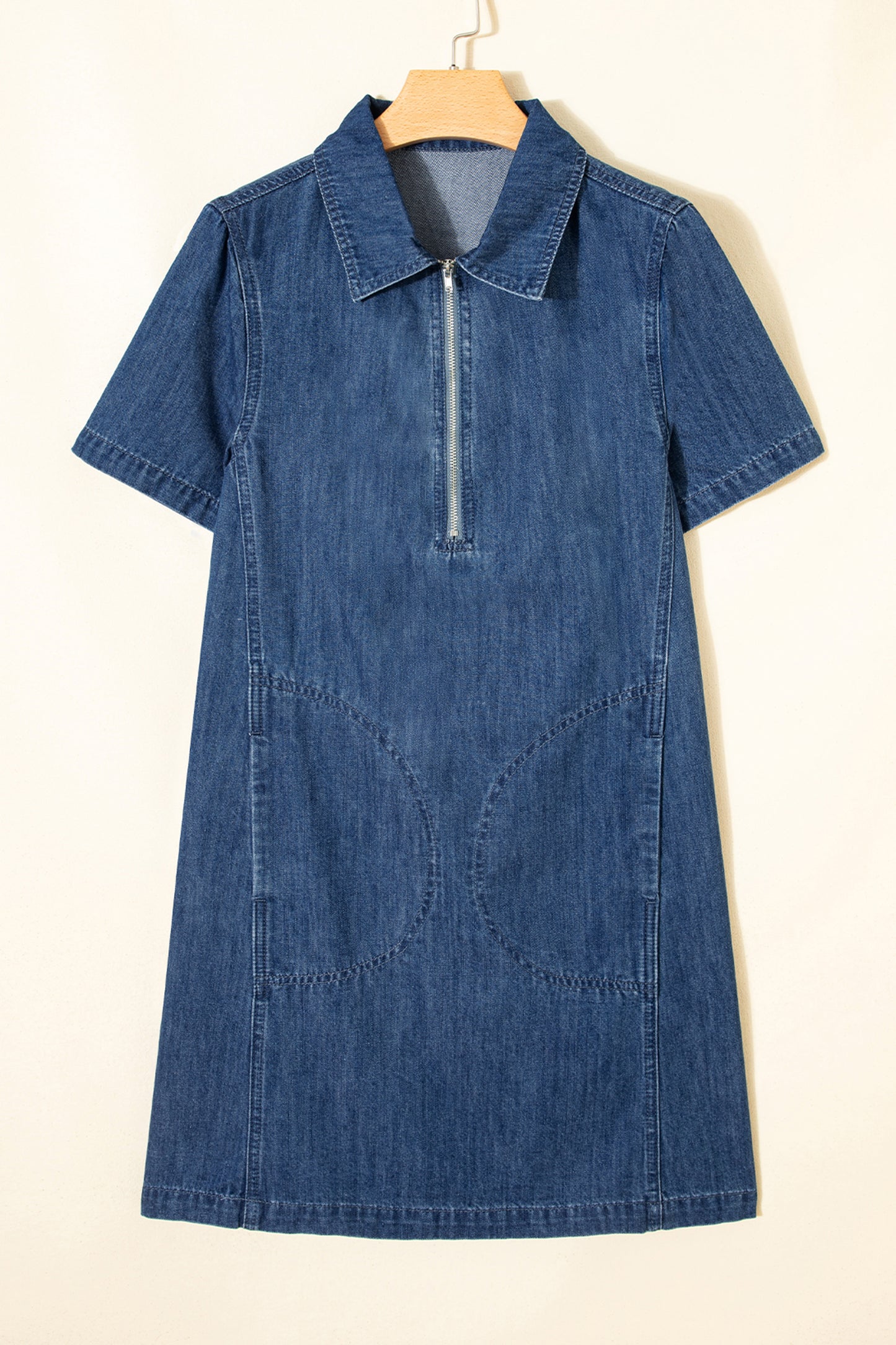 Blue Zip Front Collared Pocket Shift Denim Mini Dress