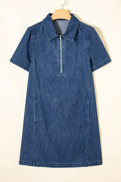 Blue Zip Front Collared Pocket Shift Denim Mini Dress