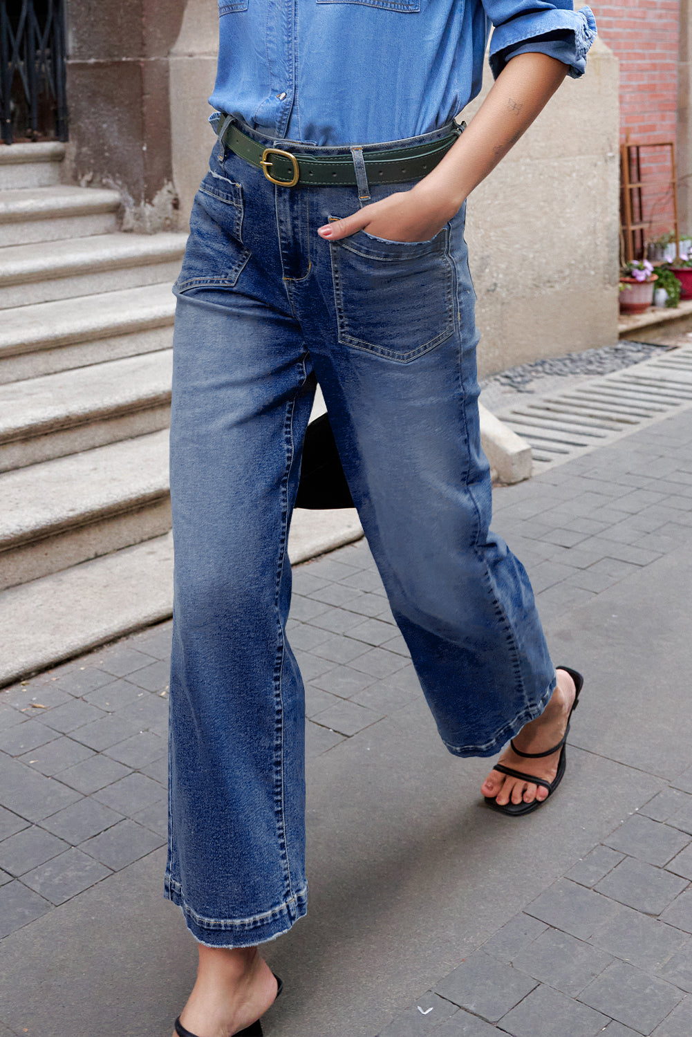 High Waist Wide Leg Denim Jeans with Front Patch Pockets