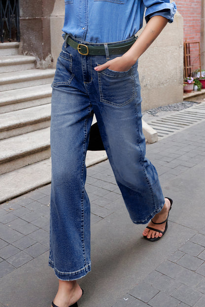 High Waist Wide Leg Denim Jeans with Front Patch Pockets