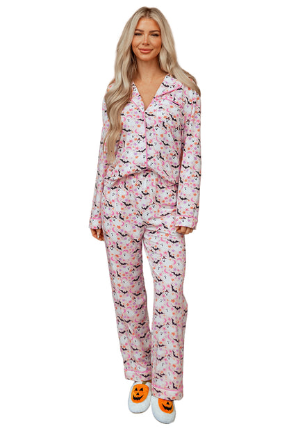Pink Halloween Ghost Bat Print Pajama Set for Women