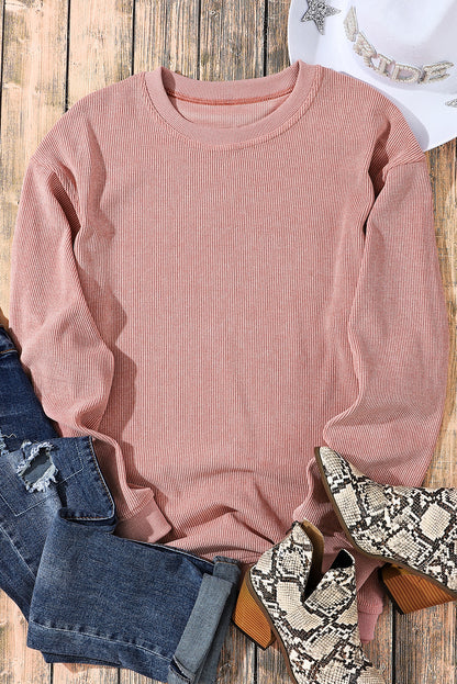 Customizable Solid Ribbed Knit Round Neck Casual PulloverSweatshirt