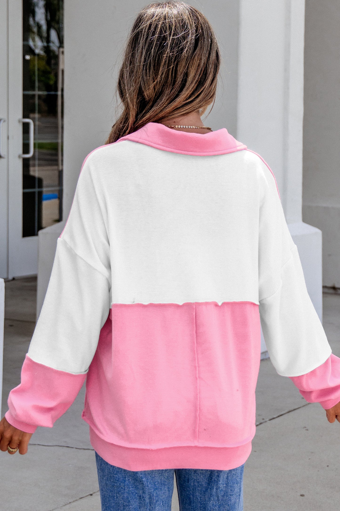Color Block Ricrac Trim Collared V Neck Long Sleeve Top