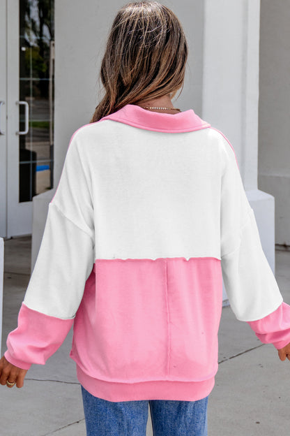 Color Block Ricrac Trim Collared V Neck Long Sleeve Top