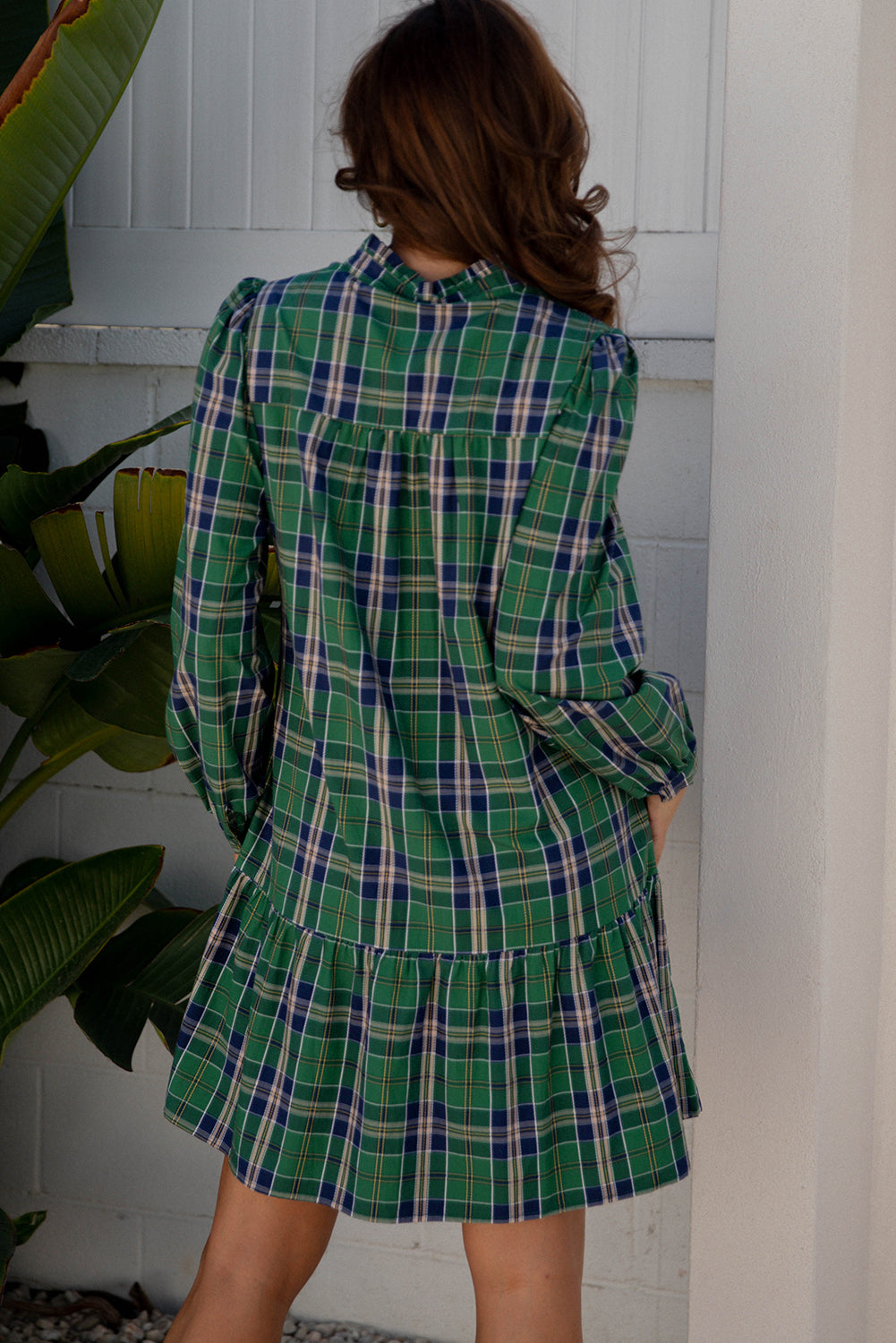 Christmas Red Plaid Print Frilly Collar Long Sleeve Dress
