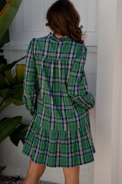 Christmas Red Plaid Print Frilly Collar Long Sleeve Dress