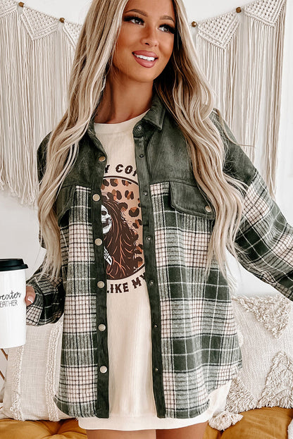 Blackish Green Snap Button Plaid Shacket with Corduroy Patchwork