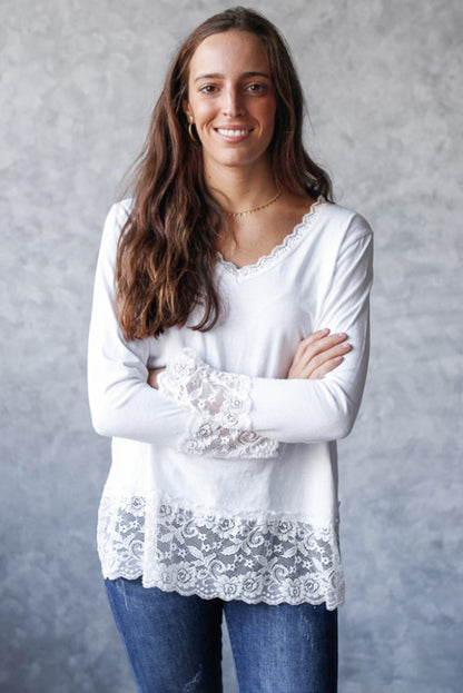 White V Neck Lace Trim Long Sleeve Soft Casual Top