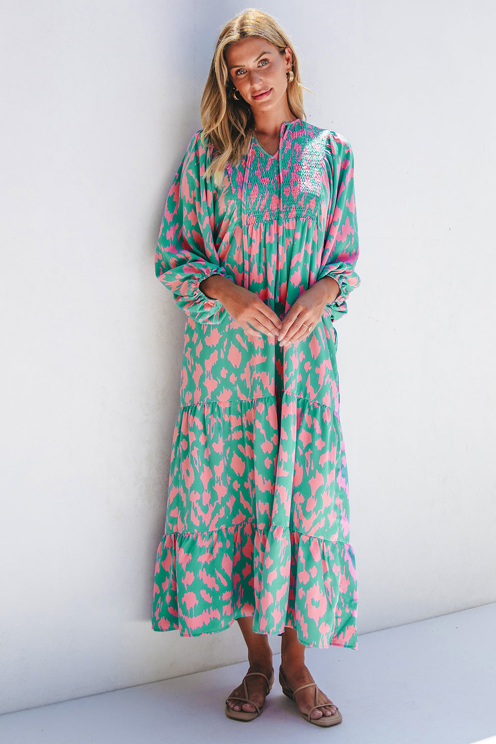 Sky Blue Abstract Print Puff Sleeve Tied Notched Neck Long Dress