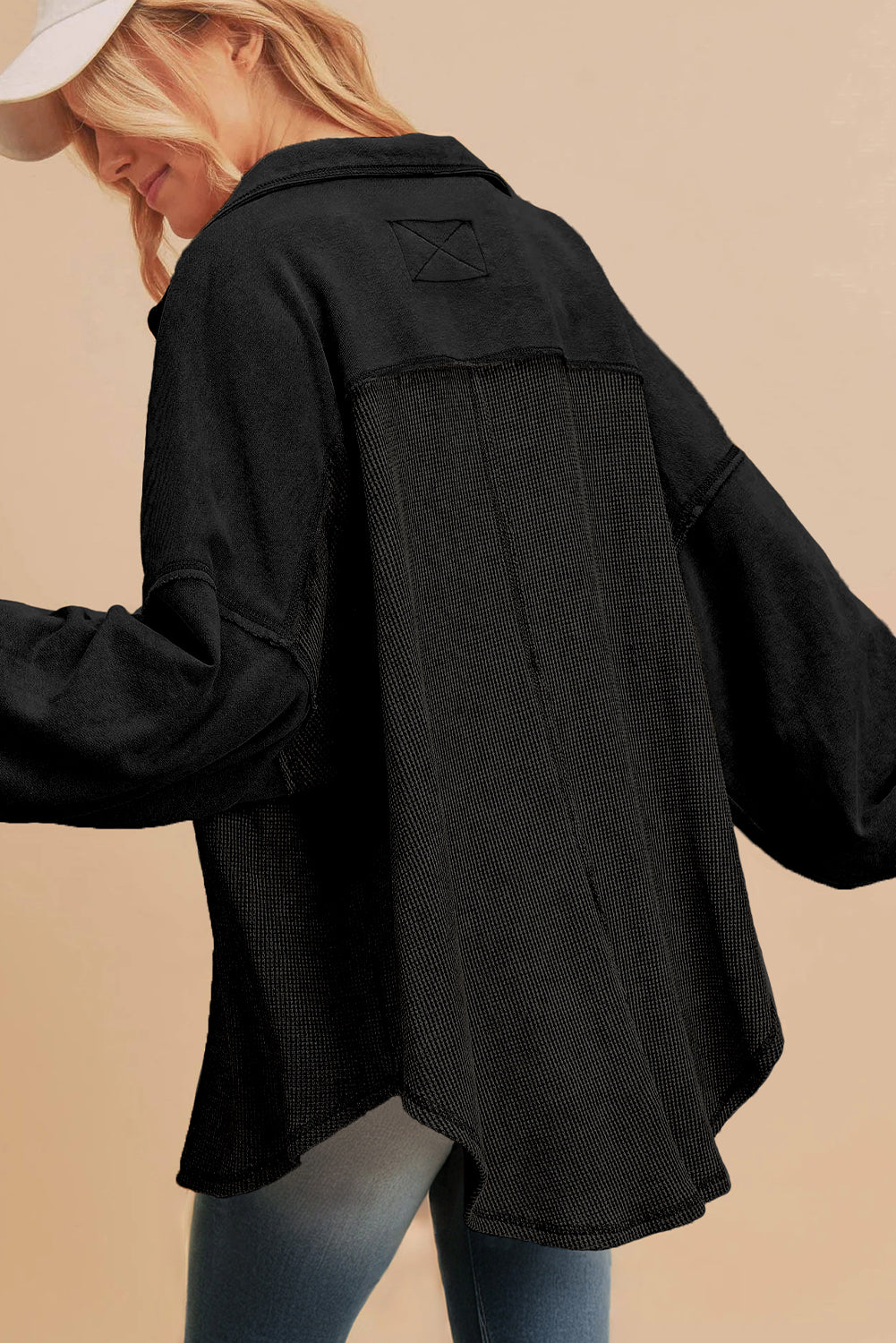 Black Waffle Knit Button Down Shacket Oversized Long Sleeve Top