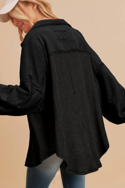 Black Waffle Knit Button Down Shacket Oversized Long Sleeve Top