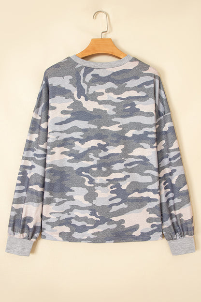 Grey Camouflage Long Sleeve Crew Neck Casual Pullover Top