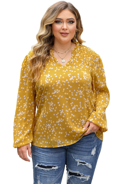Bright Pink Plus Size Floral Print Ruched Split Neck Blouse