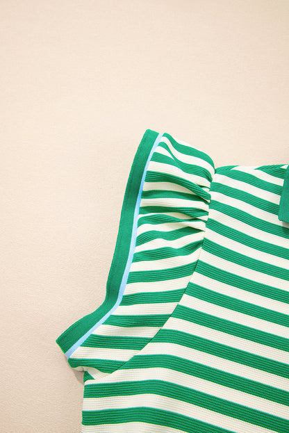 Green Stripe Contrast Collar Flutter Sleeve Mini Dress