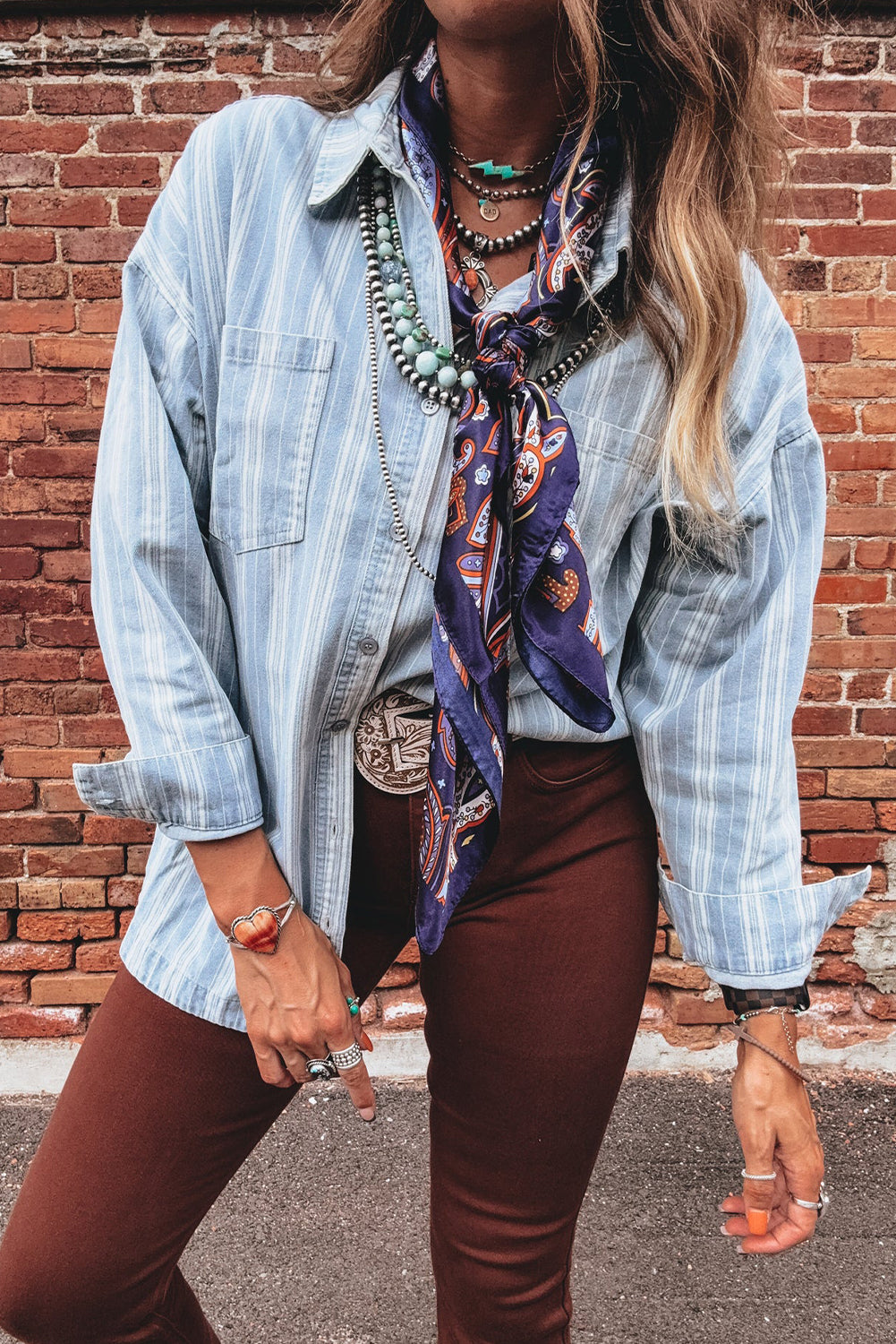 Striped Denim Shacket for Women Button Down Shirt Jacket