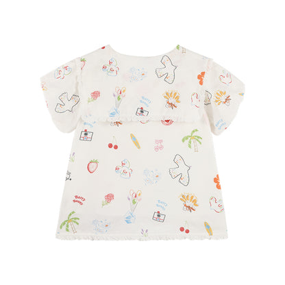 Girls Lace Collar Printed Blouse with Cute Shorts