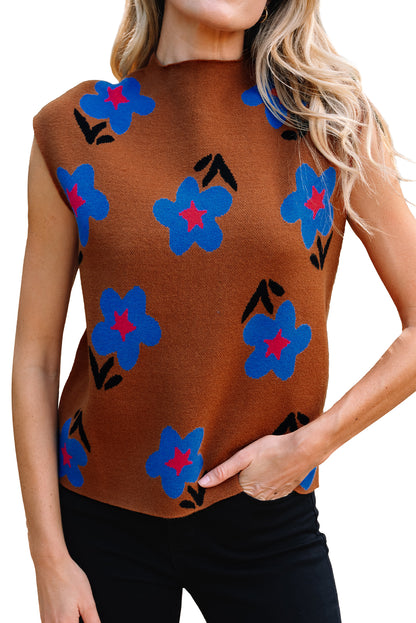 Women’s Chestnut Floral Knit High Neck Sleeveless Vest