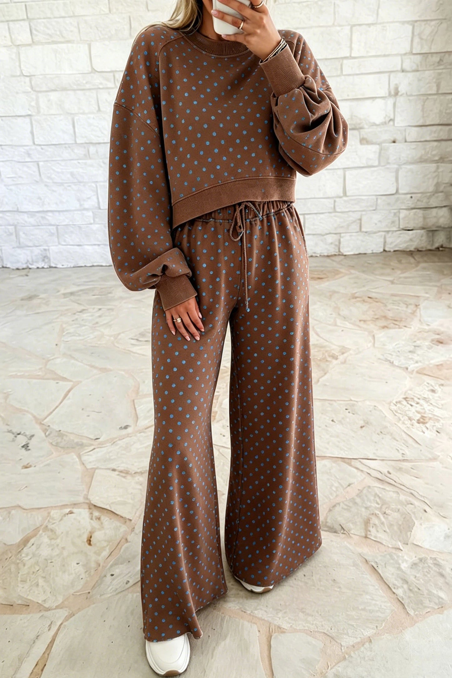 Polka Dot Cropped Sweatshirt Wide Leg Two Piece Set