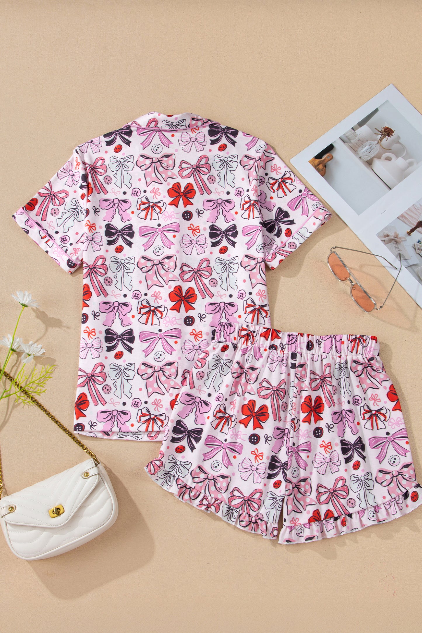 Pink Cute Ribbon Bows Printed Shirt Style 2pcs Pajama Set
