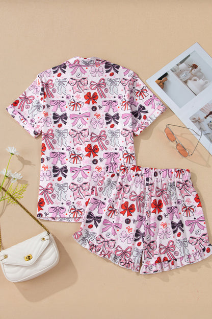 Pink Cute Ribbon Bows Printed Shirt Style 2pcs Pajama Set