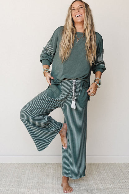 Women’s Stripe 2 Piece Lounge Set Long Sleeve Top Wide Leg Pants