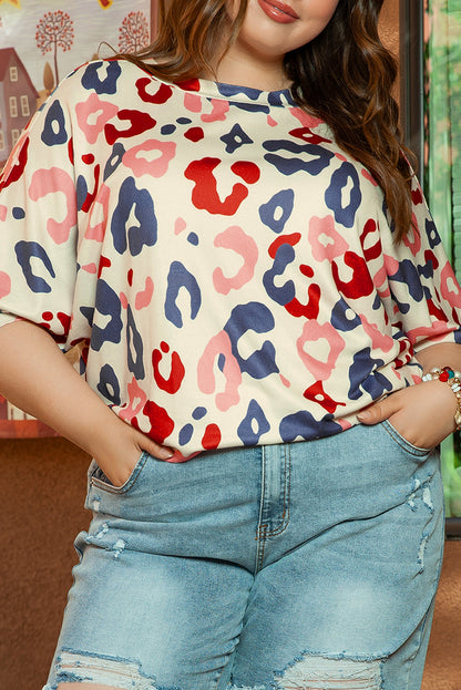 White Colorful Leopard Print Batwing Sleeve Plus Blouse