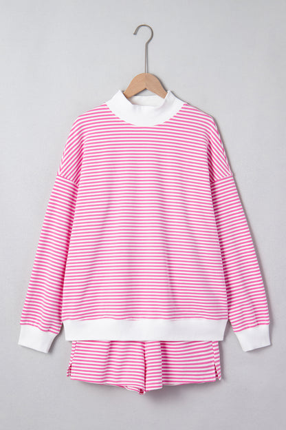 Pink Stripe Oversized Mock Neck Sweatshirt Shorts Set