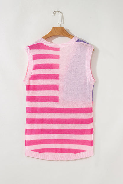 Pink USA Flag Stripe Notched Neck Sweater Vest