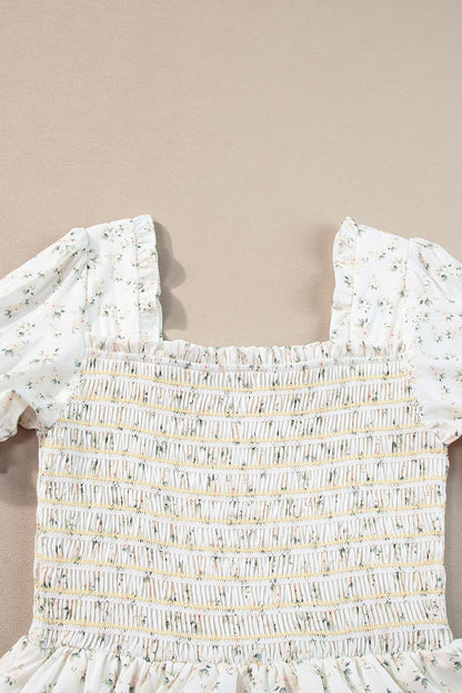 White Floral Shirred Smocked Tiered Maxi Dress
