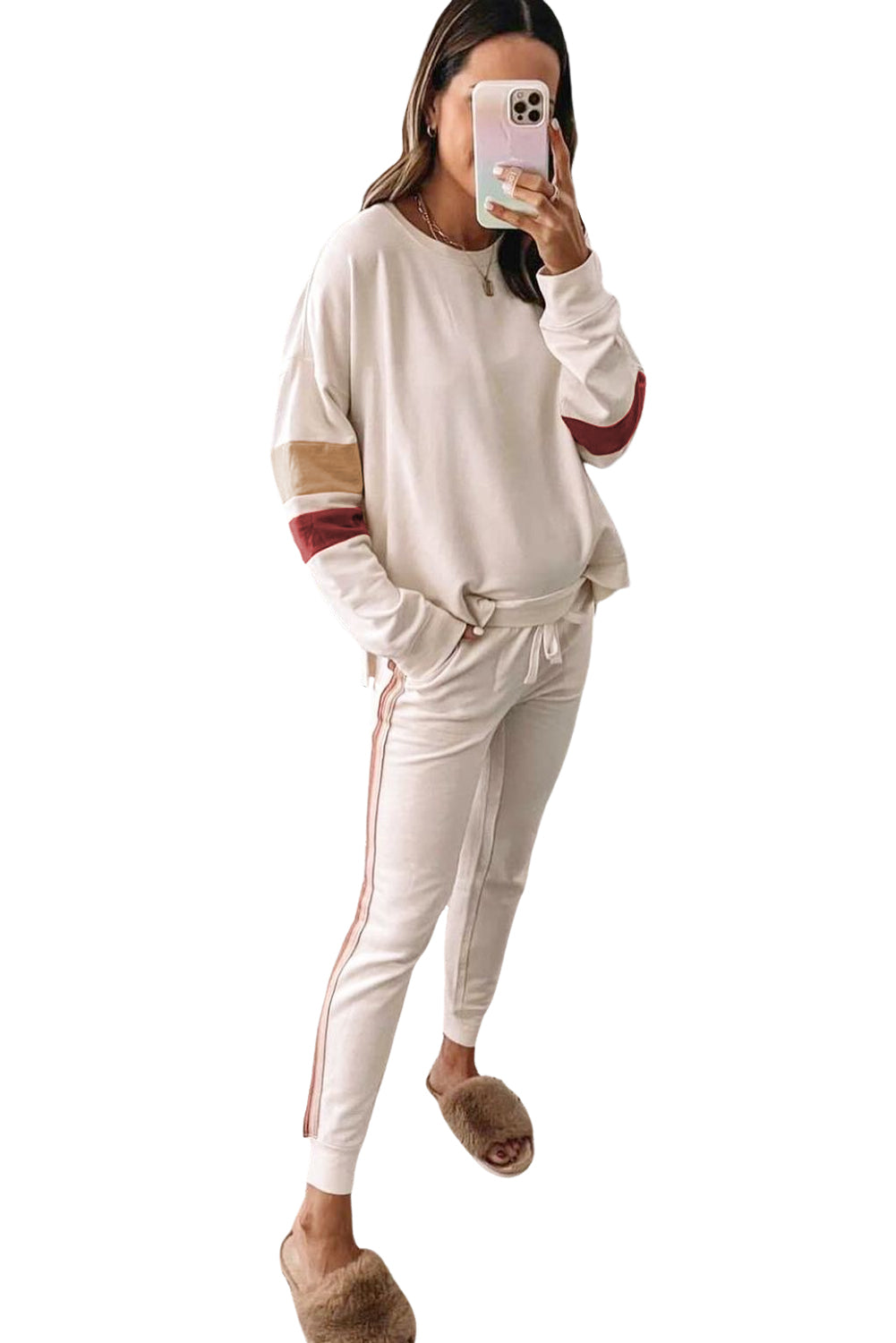 White Color Block Sleeve Contrast Trim Sideseam Lounge Set