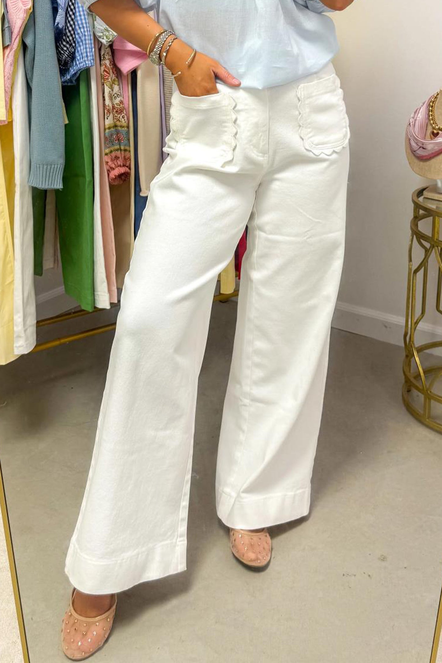 Scalloped Patch Pocket High Rise Wide Leg Jeans