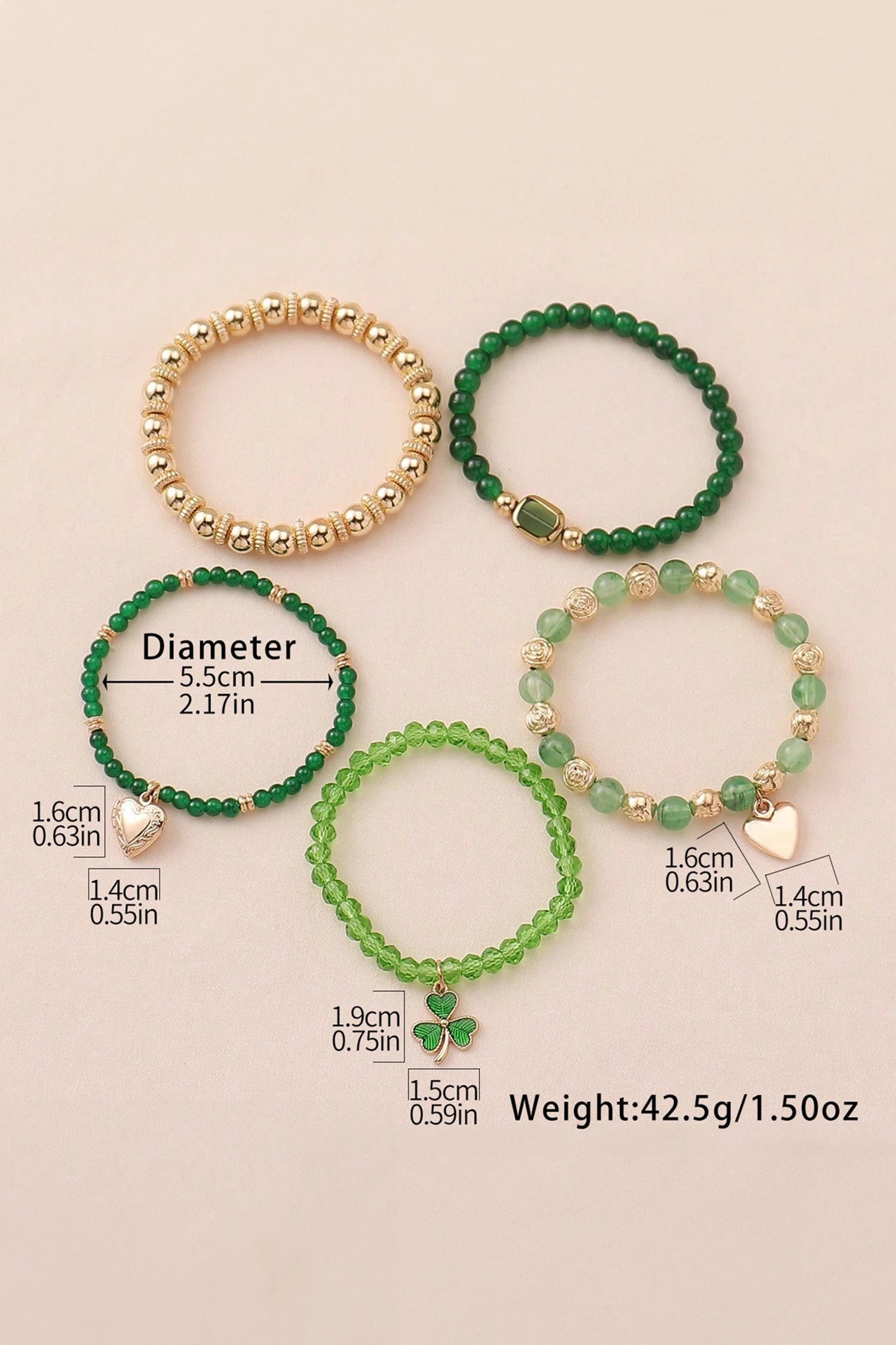 Green St Patrick 5PCS Lucky Clover Heart Charm Bracelet Set