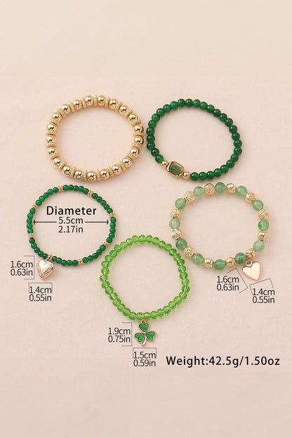 Green St Patrick 5PCS Lucky Clover Heart Charm Bracelet Set