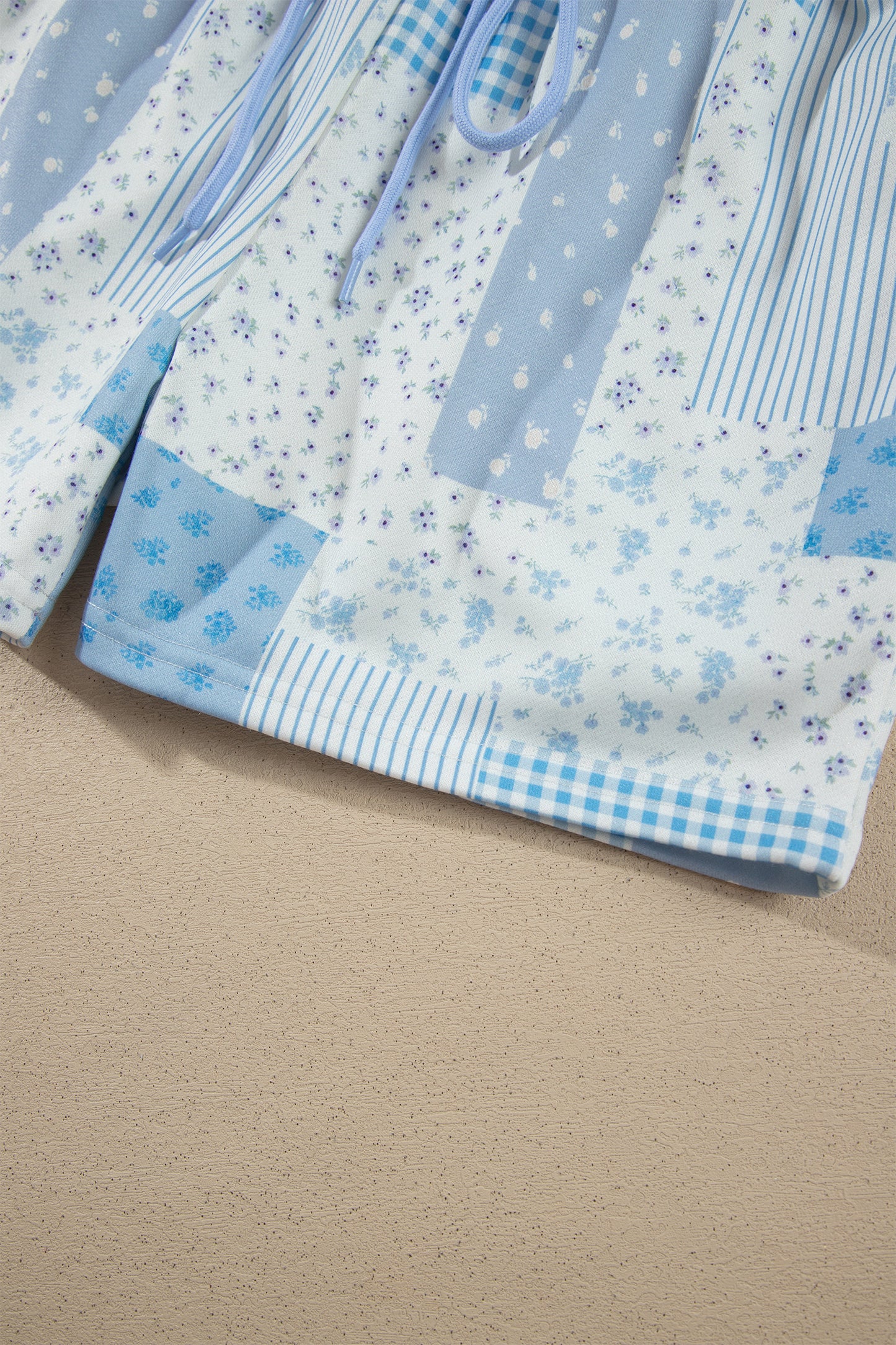 Sky Blue Floral Patchwork Pullover Shorts Set