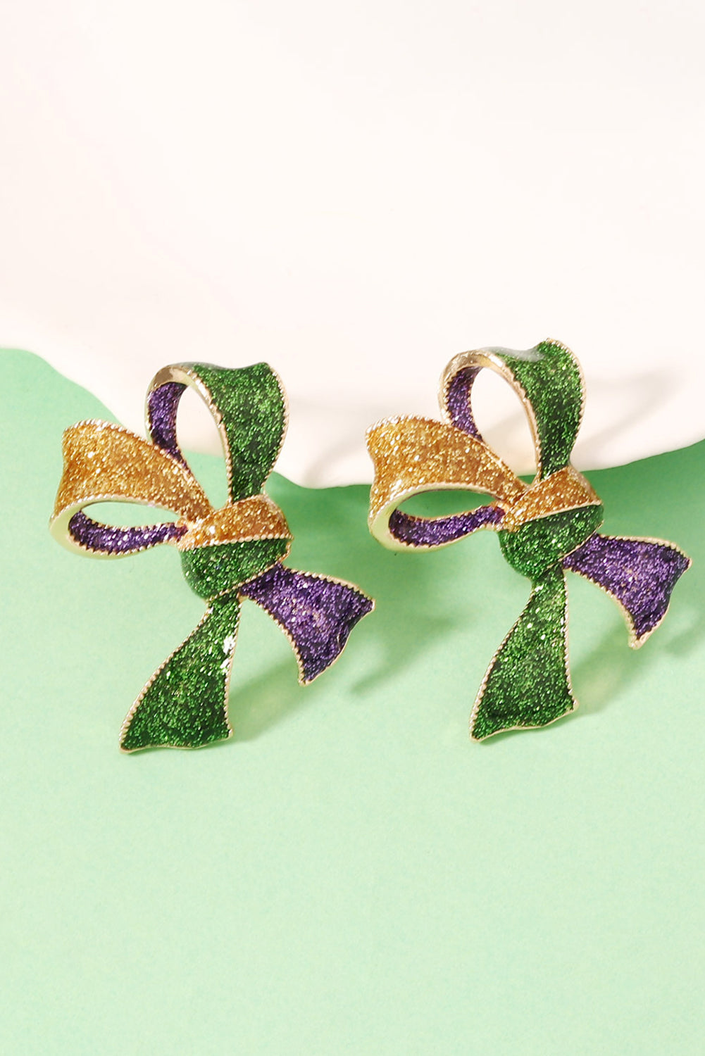 Mardi Gras Glitter Bow Earrings Purple Green Gold 3D