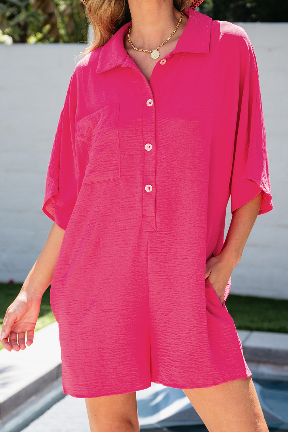 Black Collared Button Front Loose Fit Romper