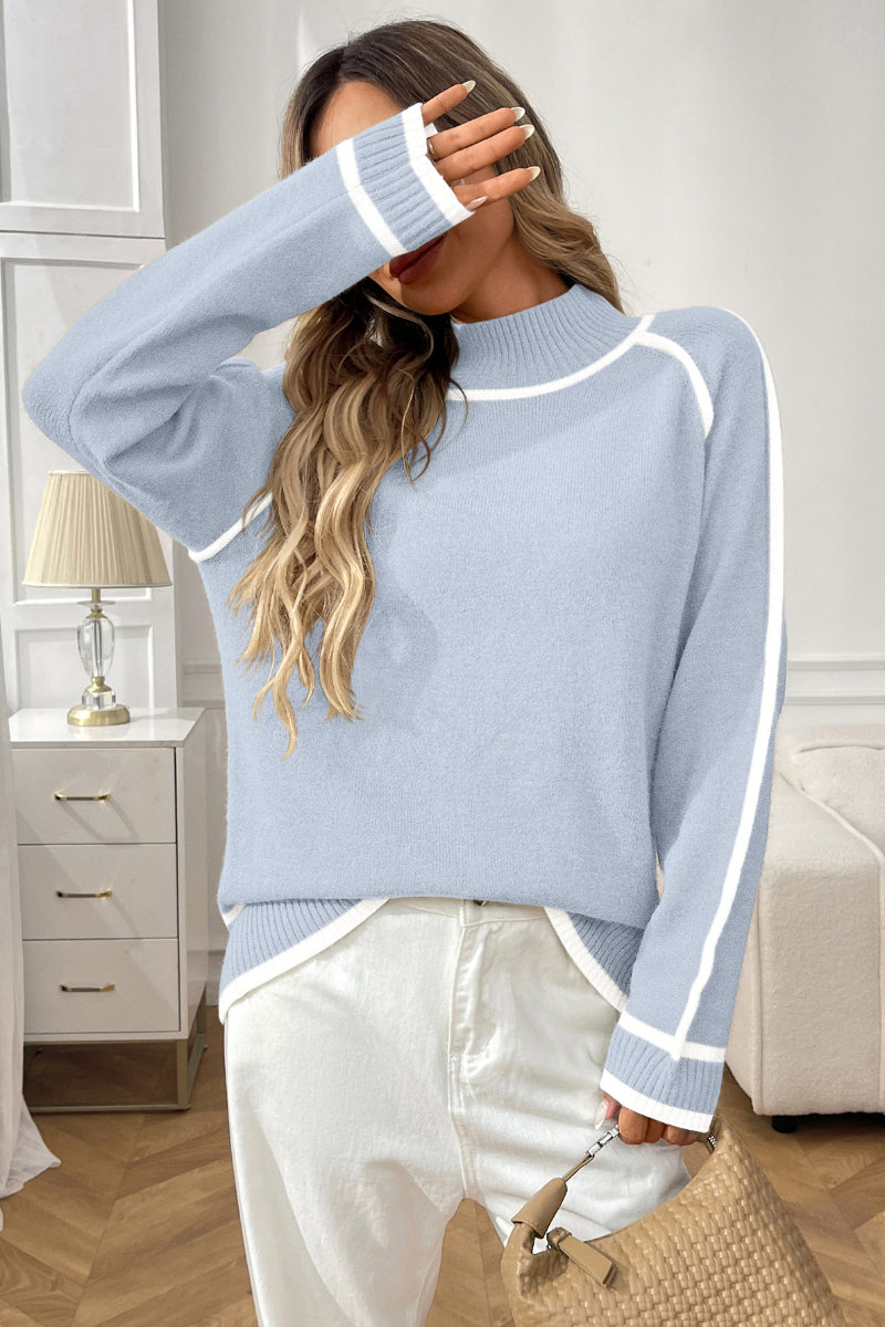 Colorblock Mock Neck Knit Sweater with Raglan Sleeves