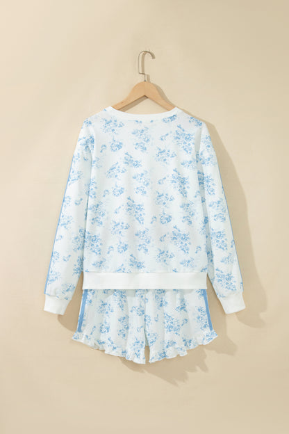 Blue Floral Lounge Set Long Sleeve Top Ruffle Shorts