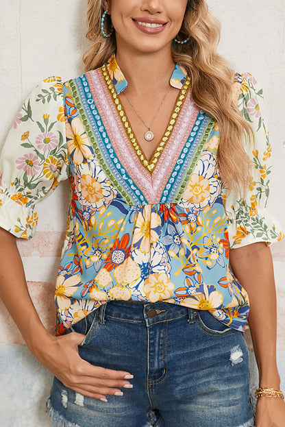 Boho Floral V Neck Crochet Trim Puff Sleeve Blouse