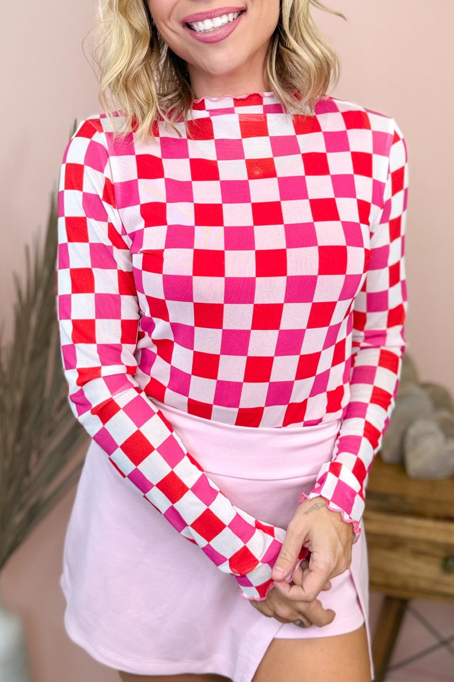 Rose Checkerboard Mesh Long Sleeve Fitted Top