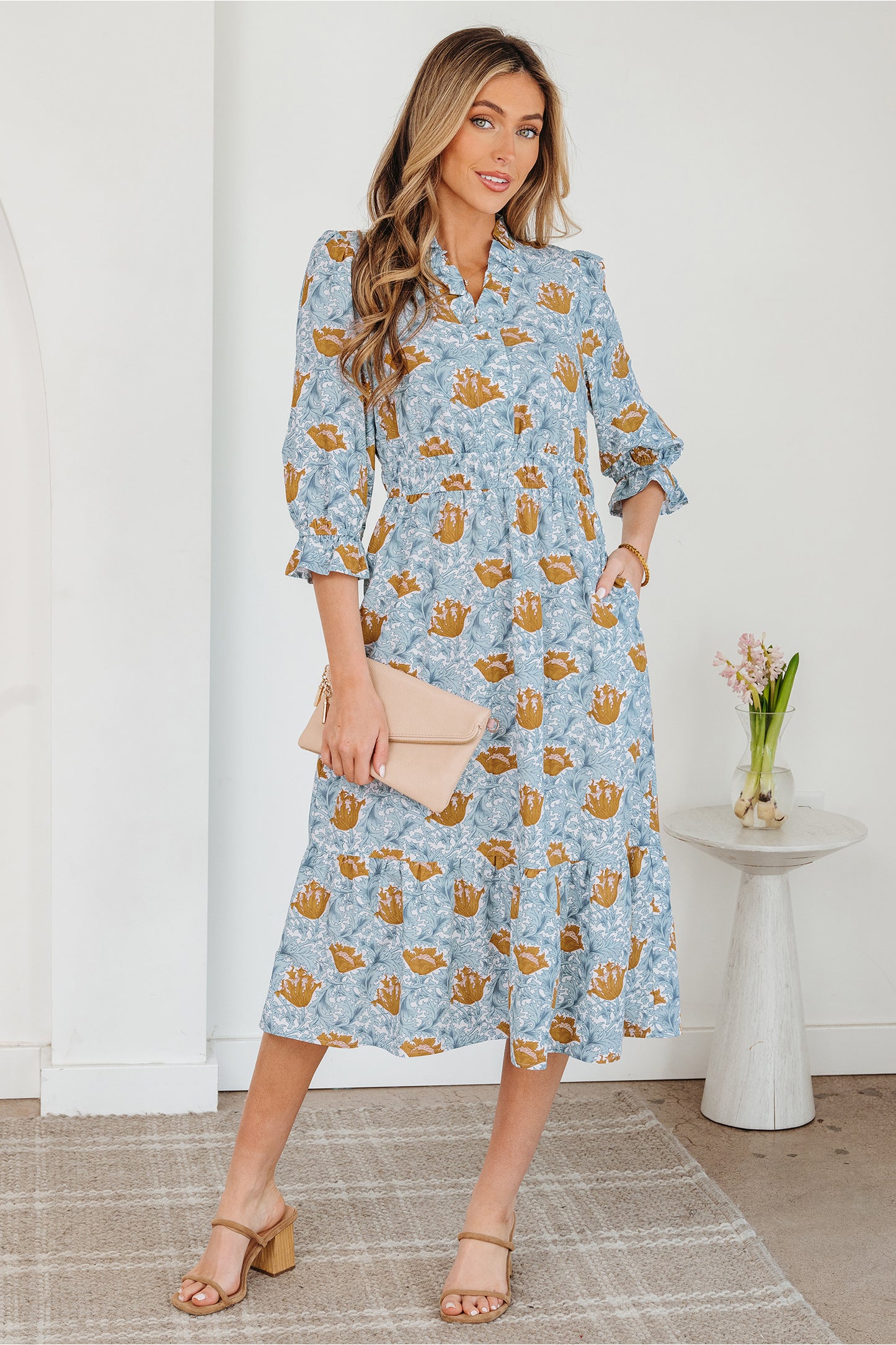 Floral V Neck Midi Dress Women Casual Boho Dress