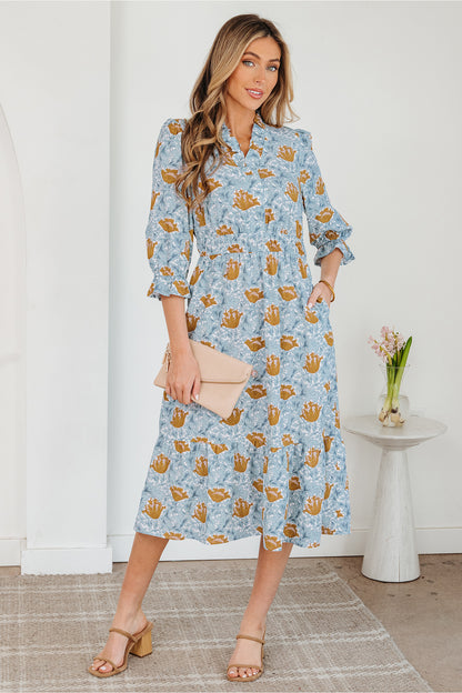 Floral V Neck Midi Dress Women Casual Boho Dress