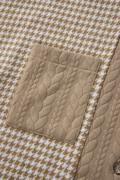 Khaki Houndstooth Color Contrast Textured Patchwork Shacket